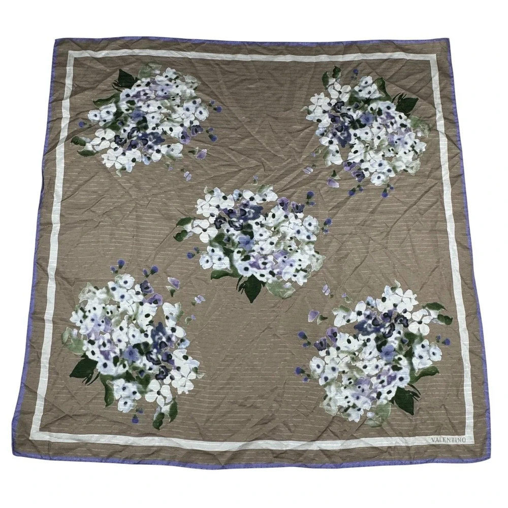 Valentino Silk Scarf Floral Bouquet Tan Purple White Square Made in Italy 34x34